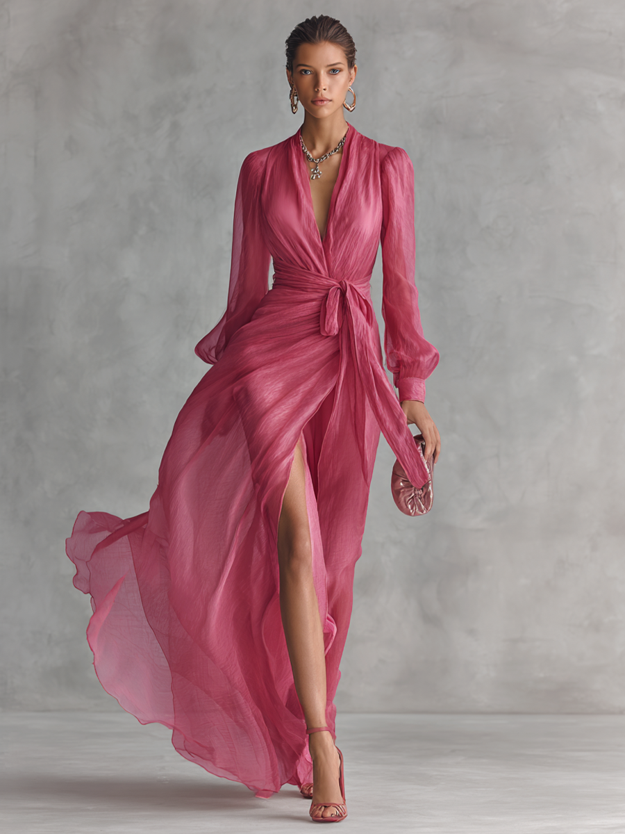 Leça – Vestido Maxi de Chiffon com Pérolas