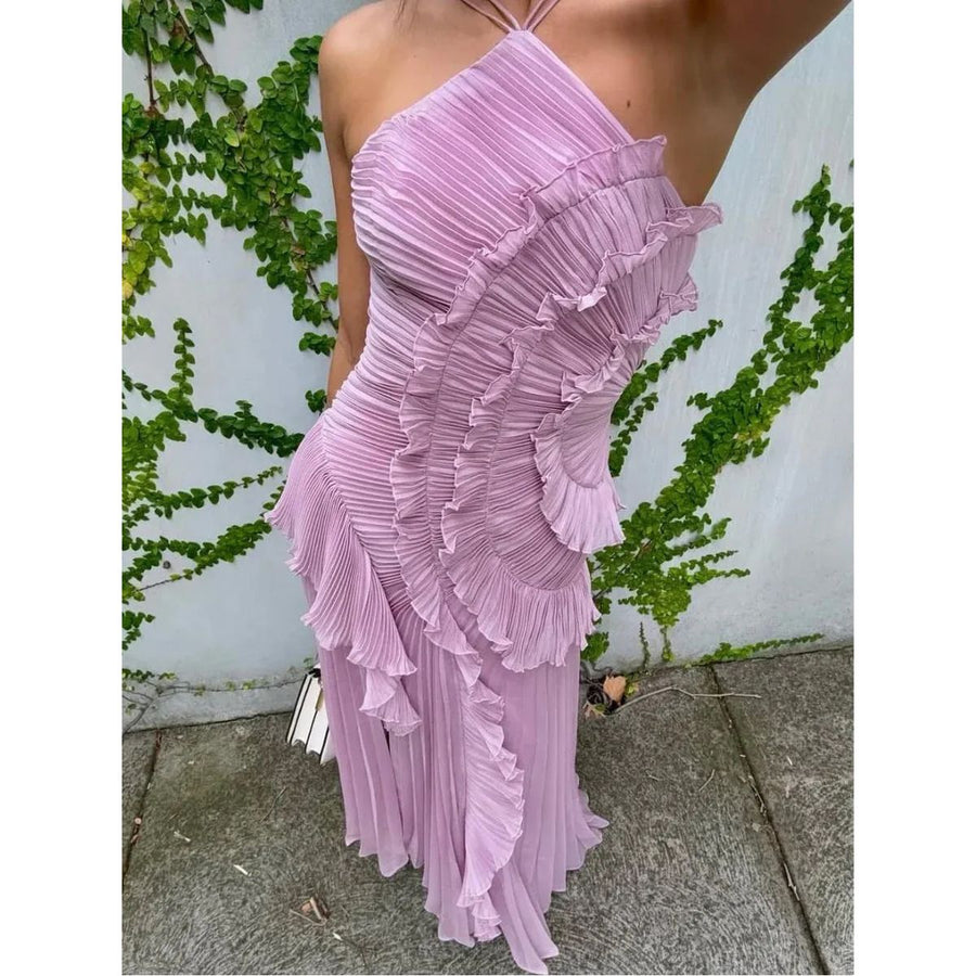 Cicouro – Vestido Longo com Babados e Costas Abertas