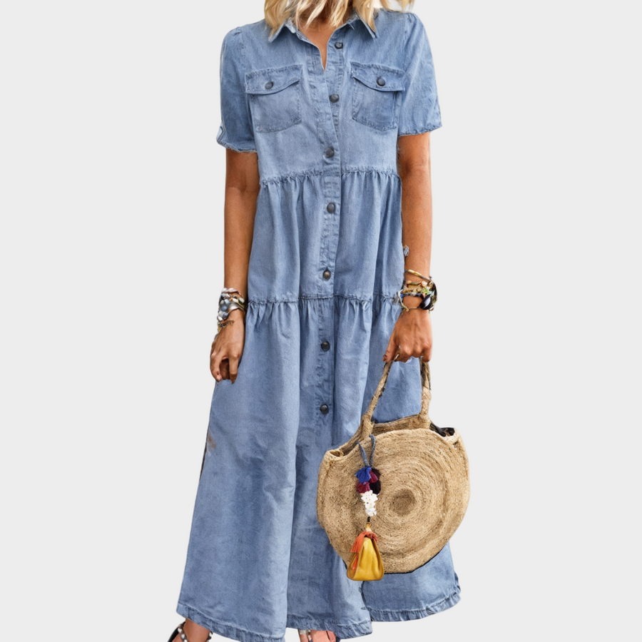 Vagos – Vestido Longo de Ganga com Botões