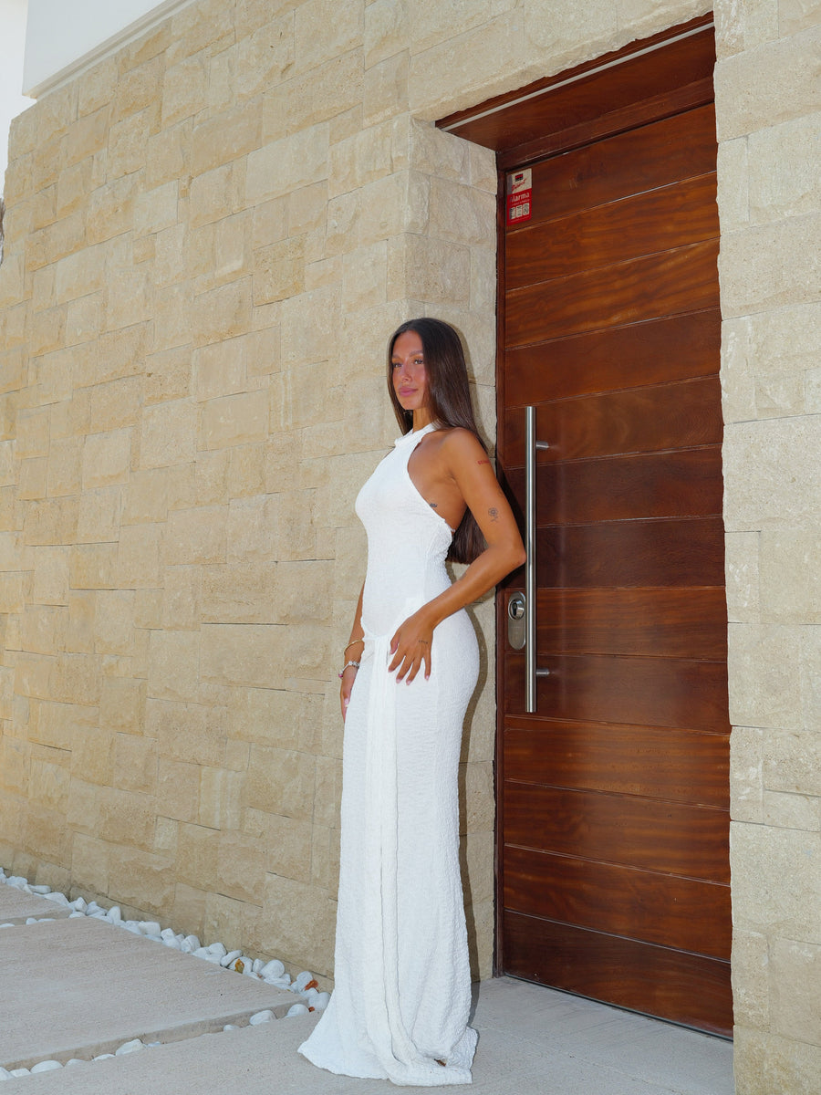 Vestido halter com textura de nó, branco