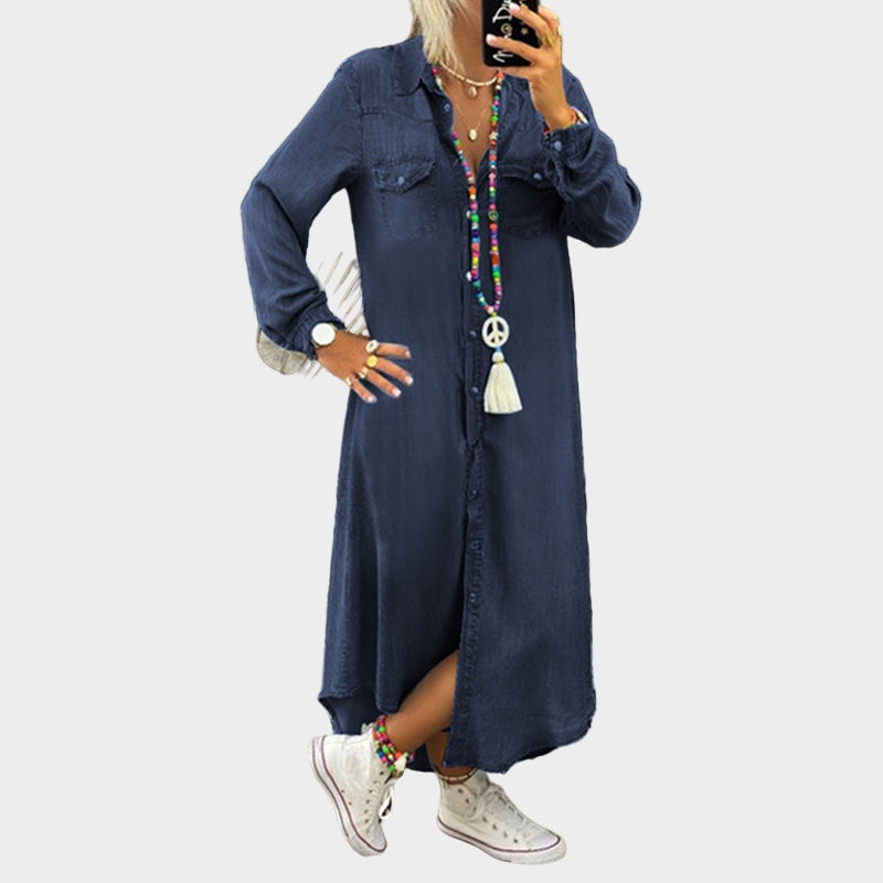 Águeda – Vestido Camiseiro de Ganga Longo