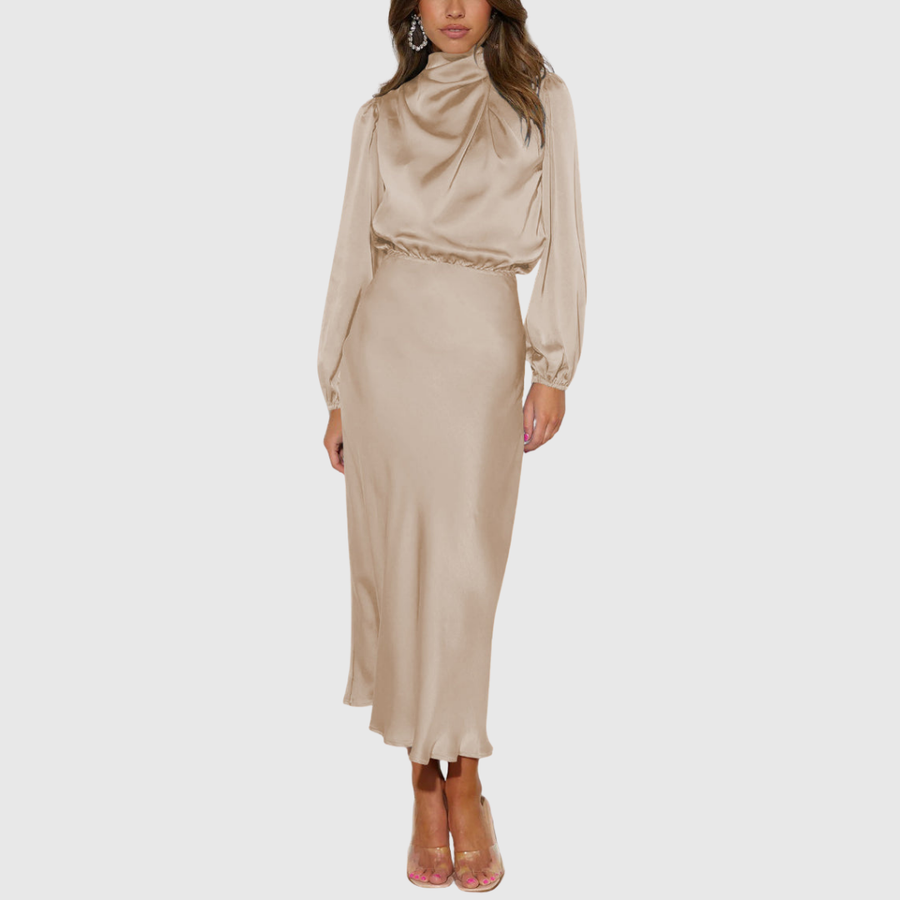 Espírito Santo – Vestido Longo de Cetim com Mangas Bispo