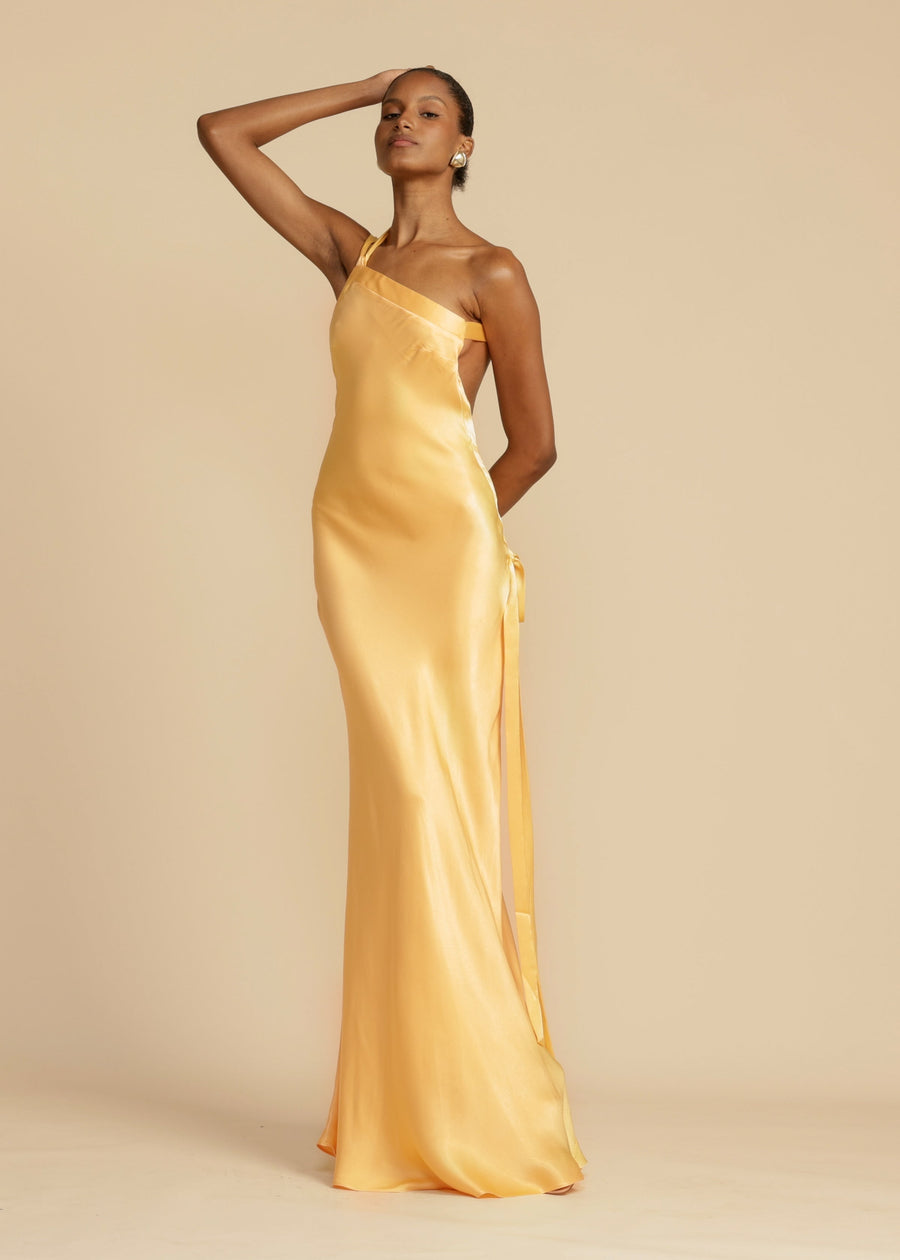 Vale de Pradinhos – Vestido Longo Dourado de Um Ombro