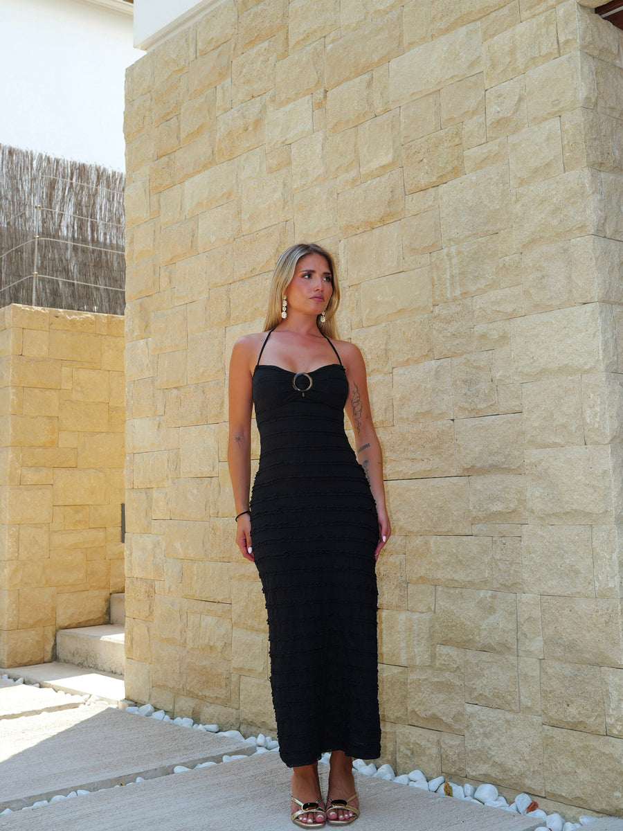 Vestido midi com folhos e renda preta