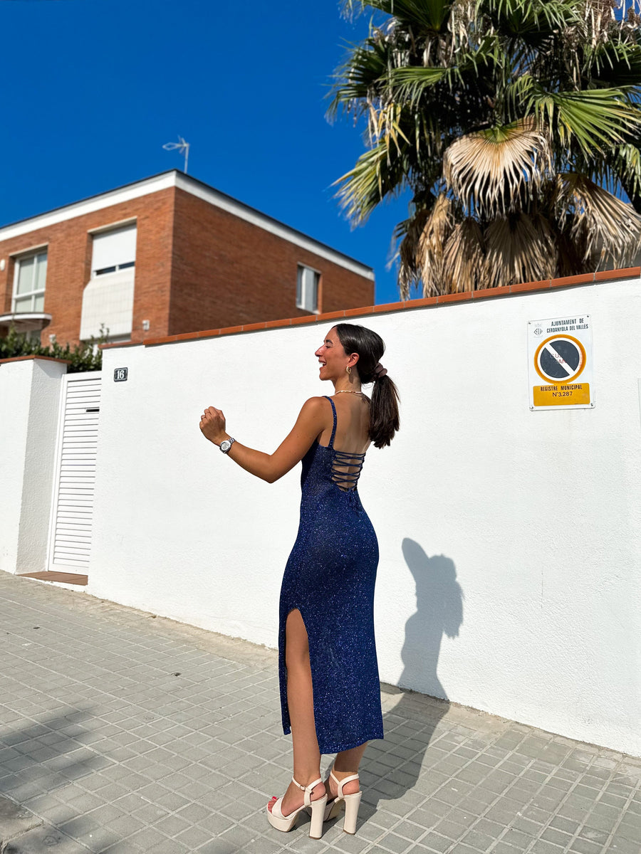 Vestido midi em malha azul-marinho