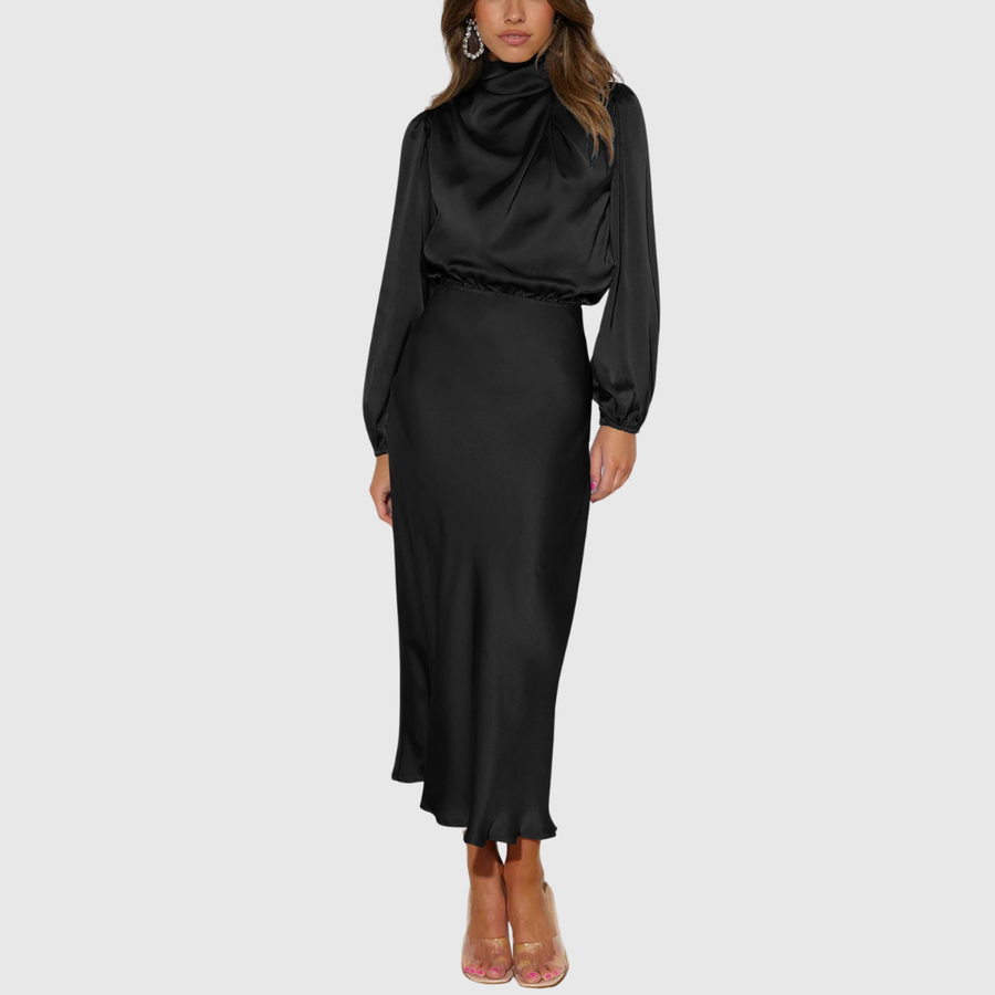 Espírito Santo – Vestido Longo de Cetim com Mangas Bispo