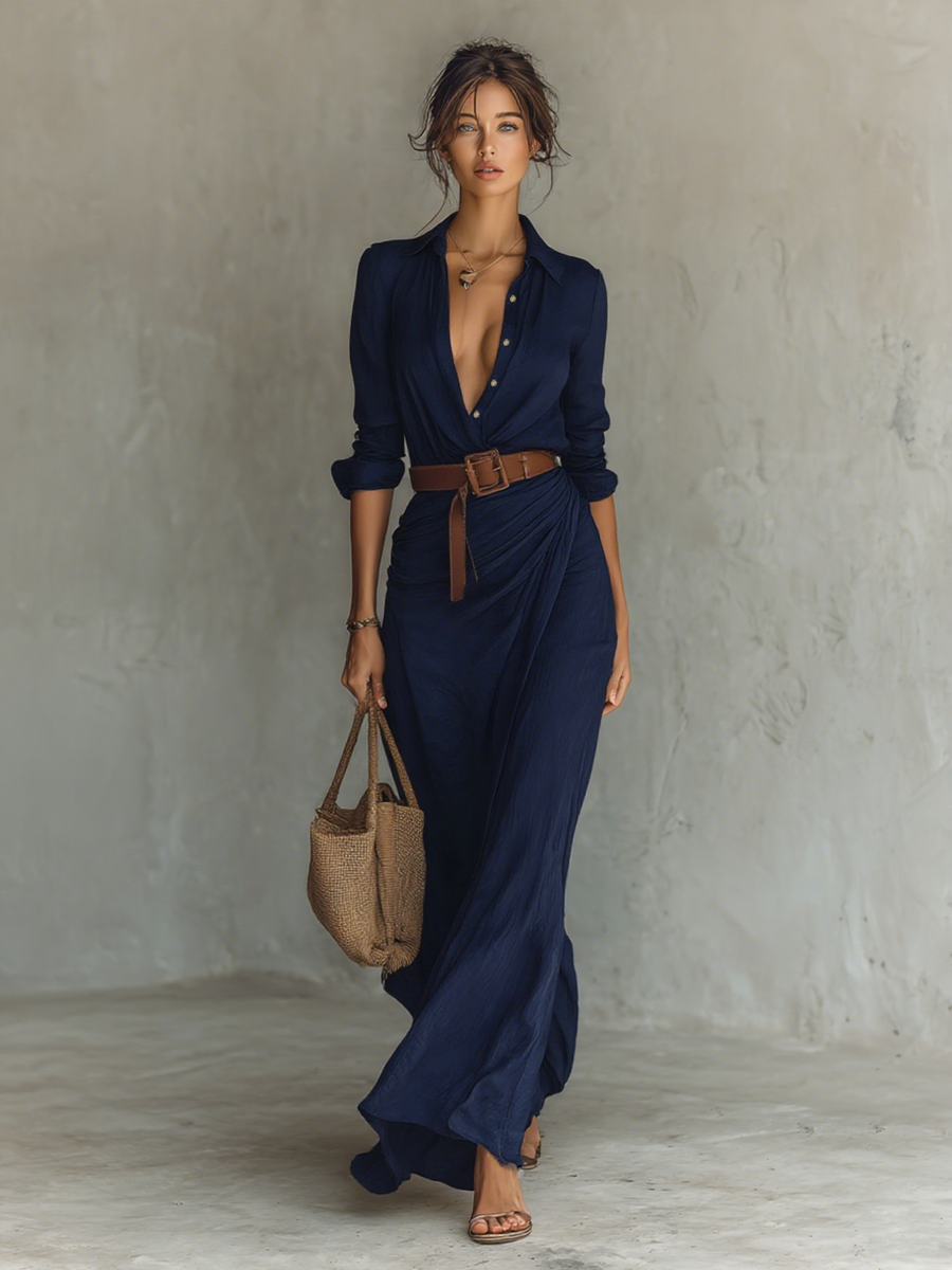 Salgueiro do Campo – Vestido Longo com Gola de Lapela