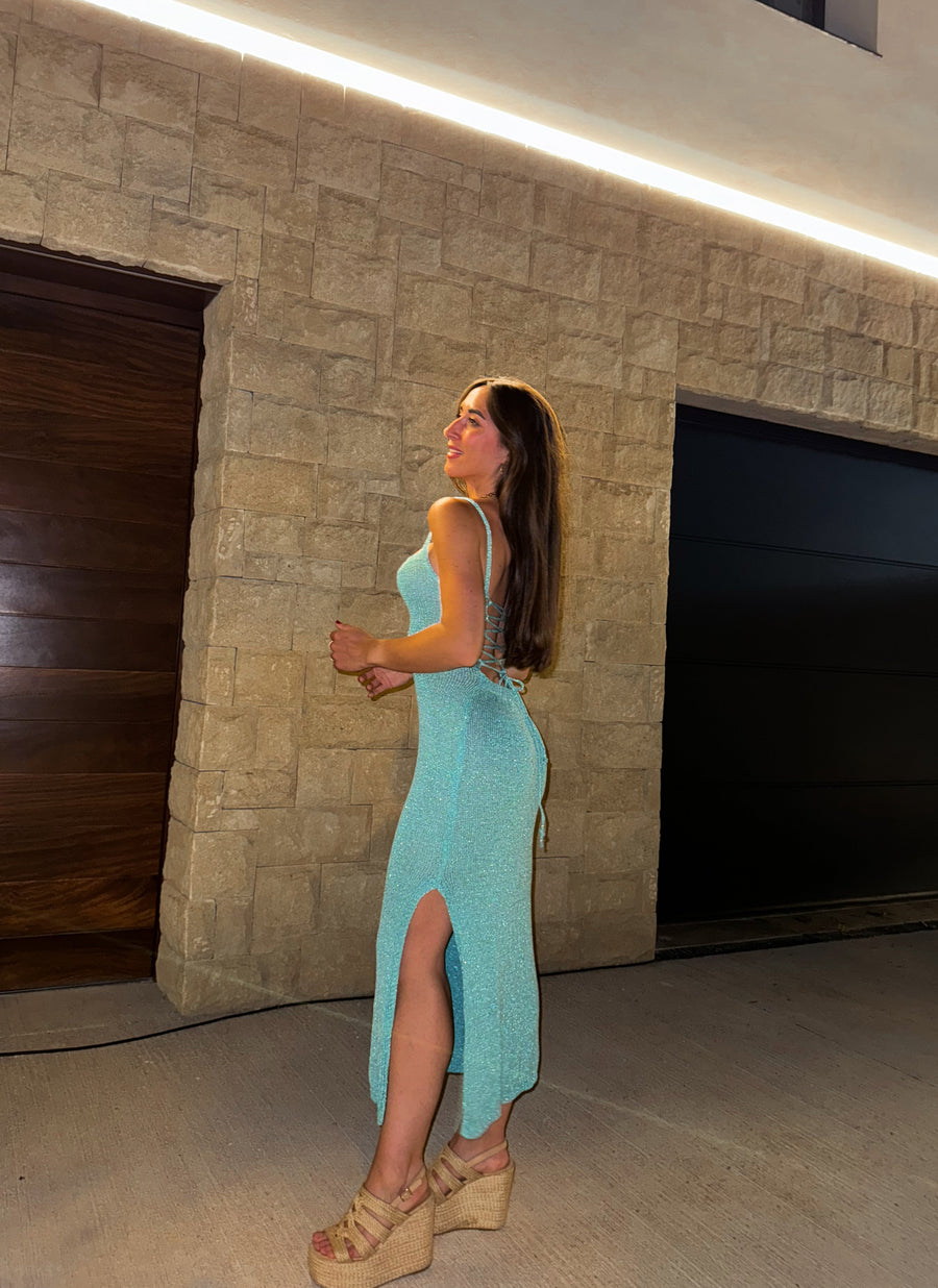 Vestido midi em malha turquesa