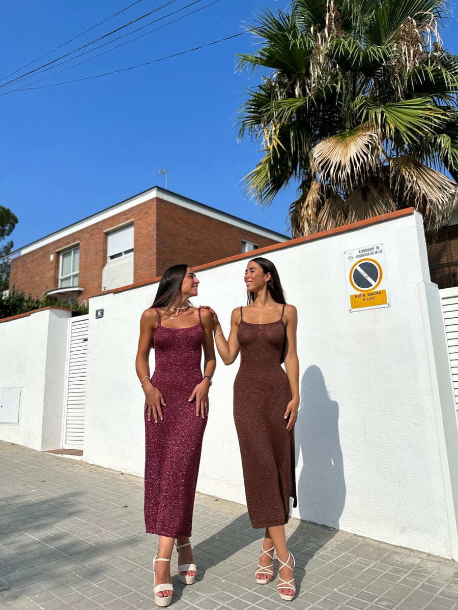 Vestido midi em malha castanha