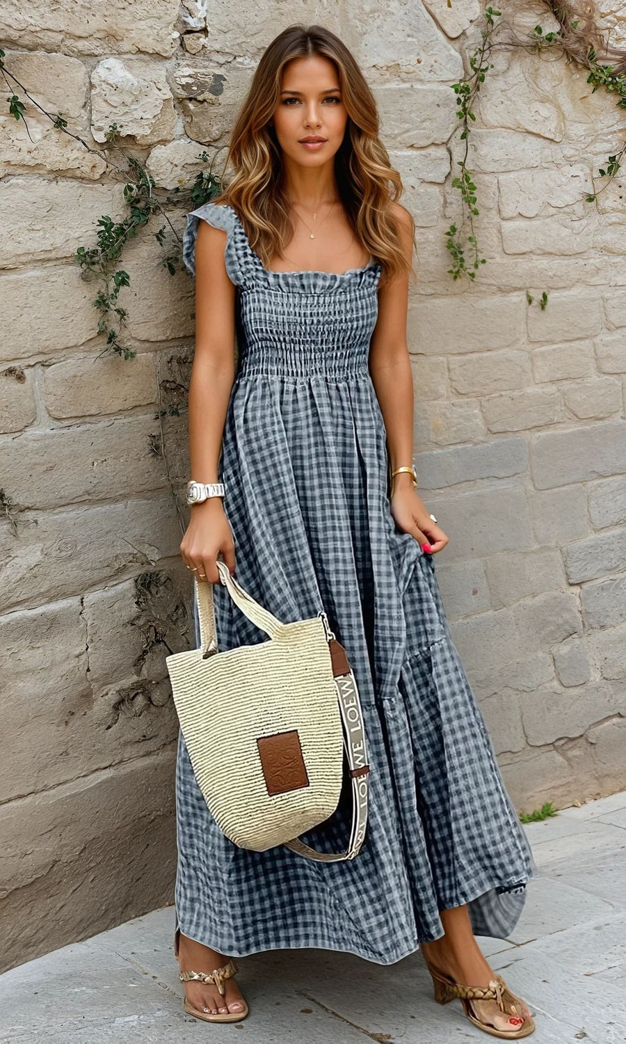 Rosmaninhal – Vestido Longo de Xadrez com Folhos