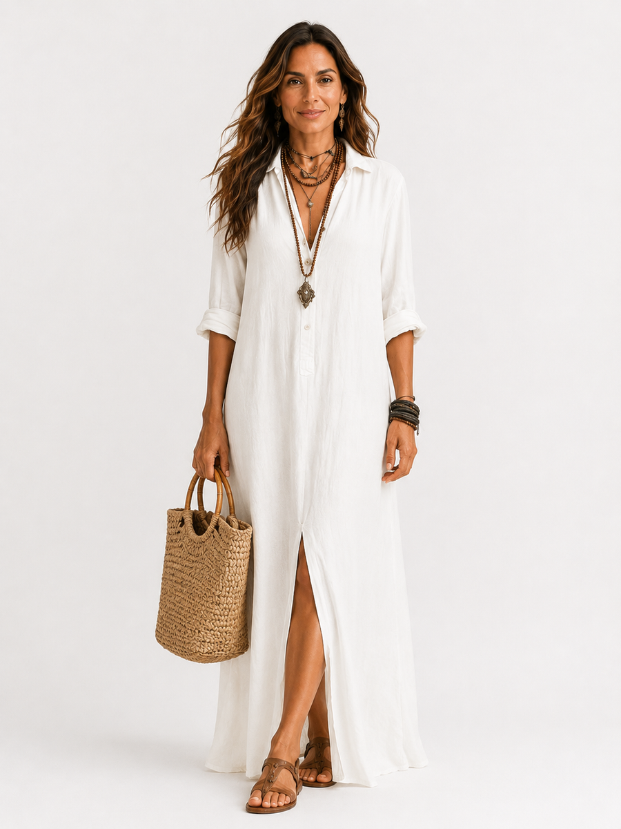 Freixo – Vestido Longo com Gola de Camisa