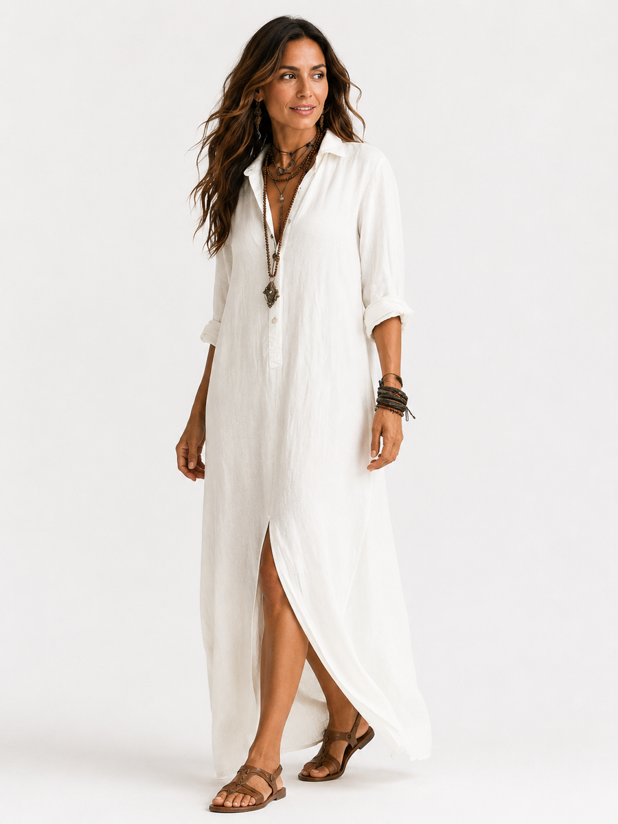 Freixo – Vestido Longo com Gola de Camisa