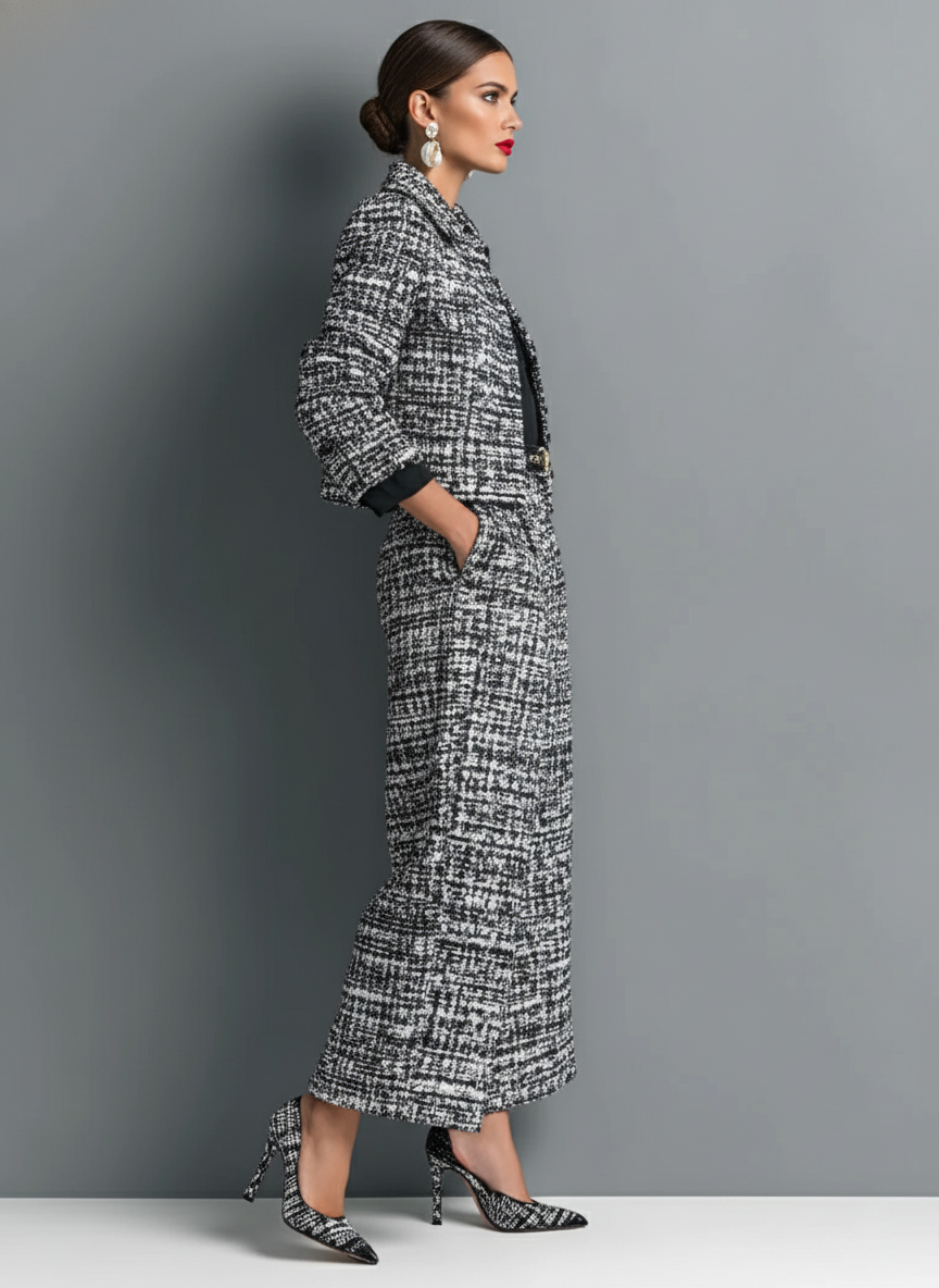 Antime – Conjunto de Casaco Cropped e Calças em Tweed