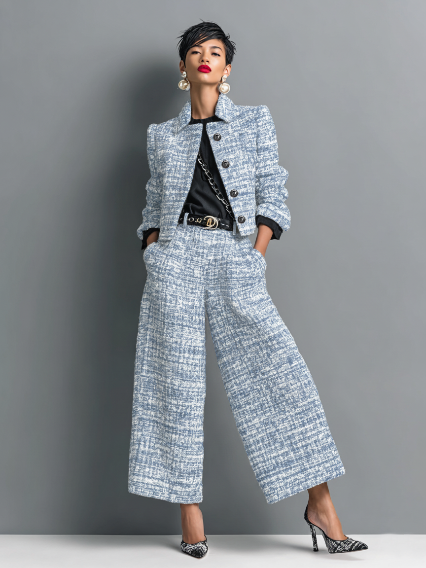 Antime – Conjunto de Casaco Cropped e Calças em Tweed