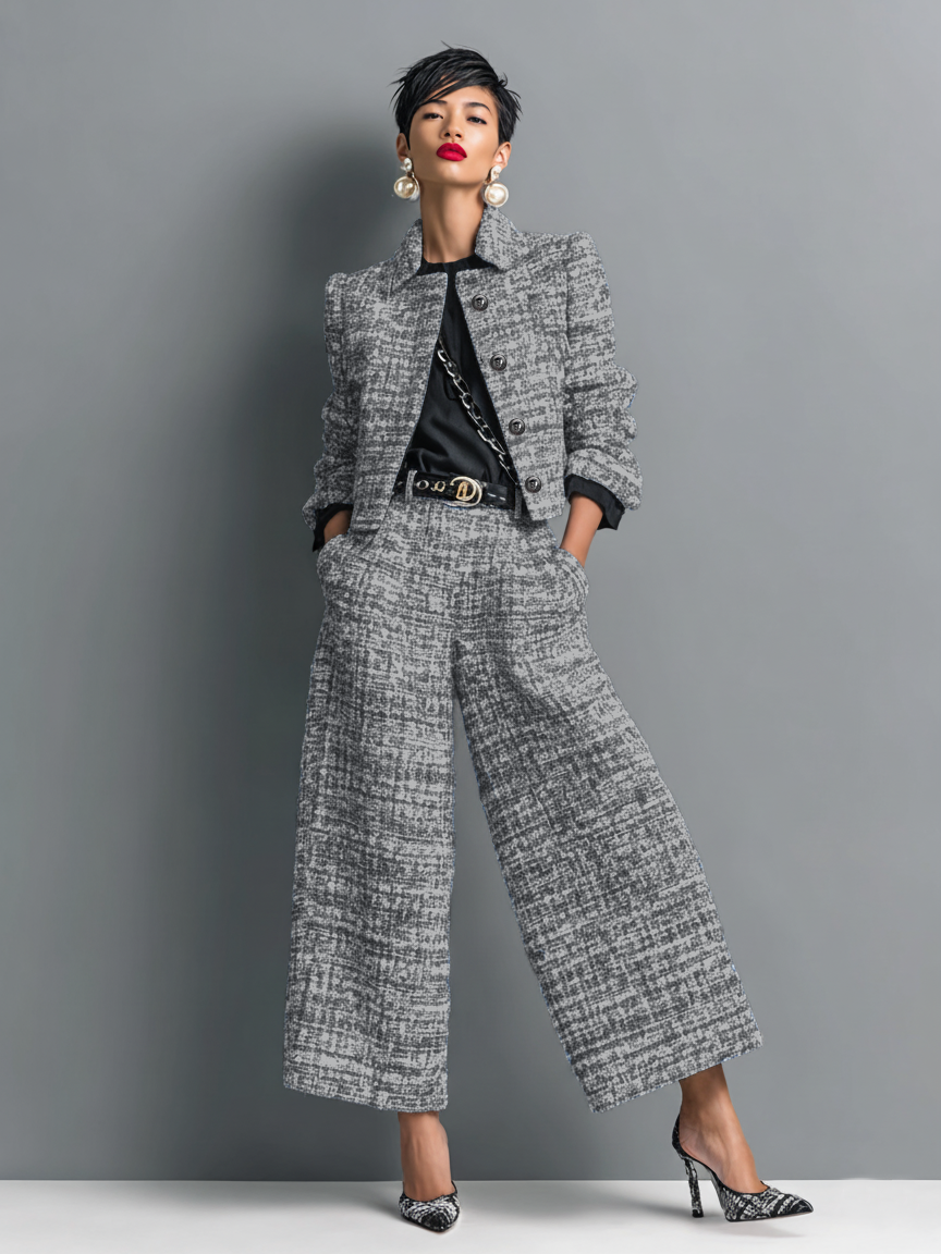 Antime – Conjunto de Casaco Cropped e Calças em Tweed