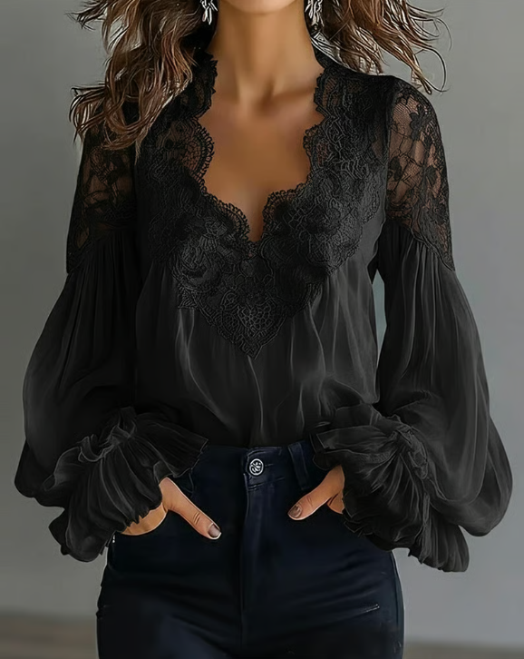 Edral – Blusa de Renda com Mangas de Lanterna