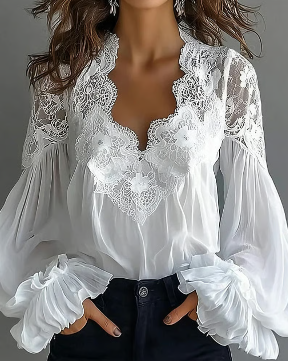 Edral – Blusa de Renda com Mangas de Lanterna