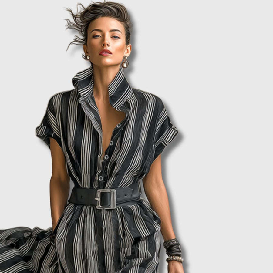 Campo Maior – Vestido Maxi de Chiffon às Riscas