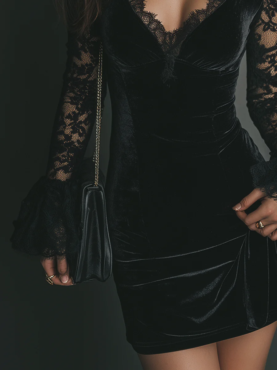 Penhas – Vestido Mini de Veludo e Renda