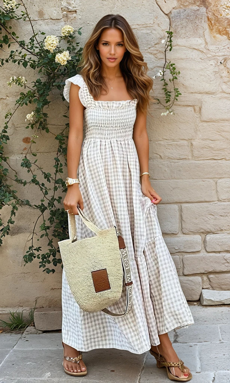 Rosmaninhal – Vestido Longo de Xadrez com Folhos