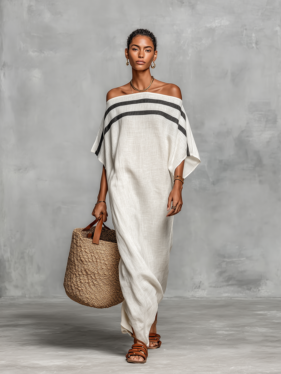 Vila Verde – Vestido Maxi de Linho de Ombros Descobertos