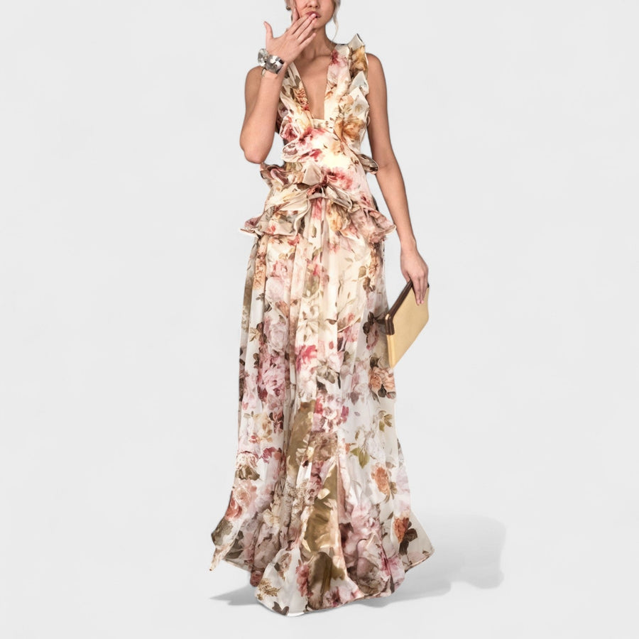 Ribeira de Pena – Vestido Maxi Floral com Folhos