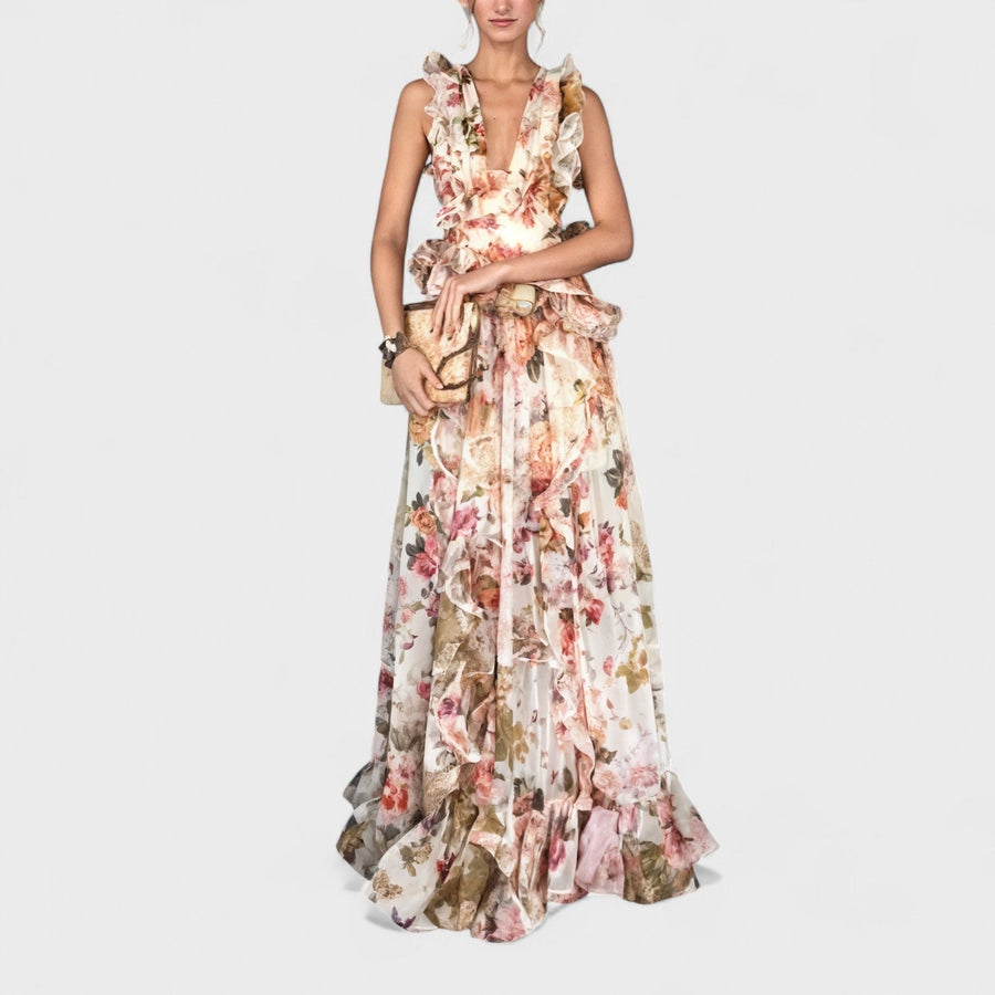Ribeira de Pena – Vestido Maxi Floral com Folhos
