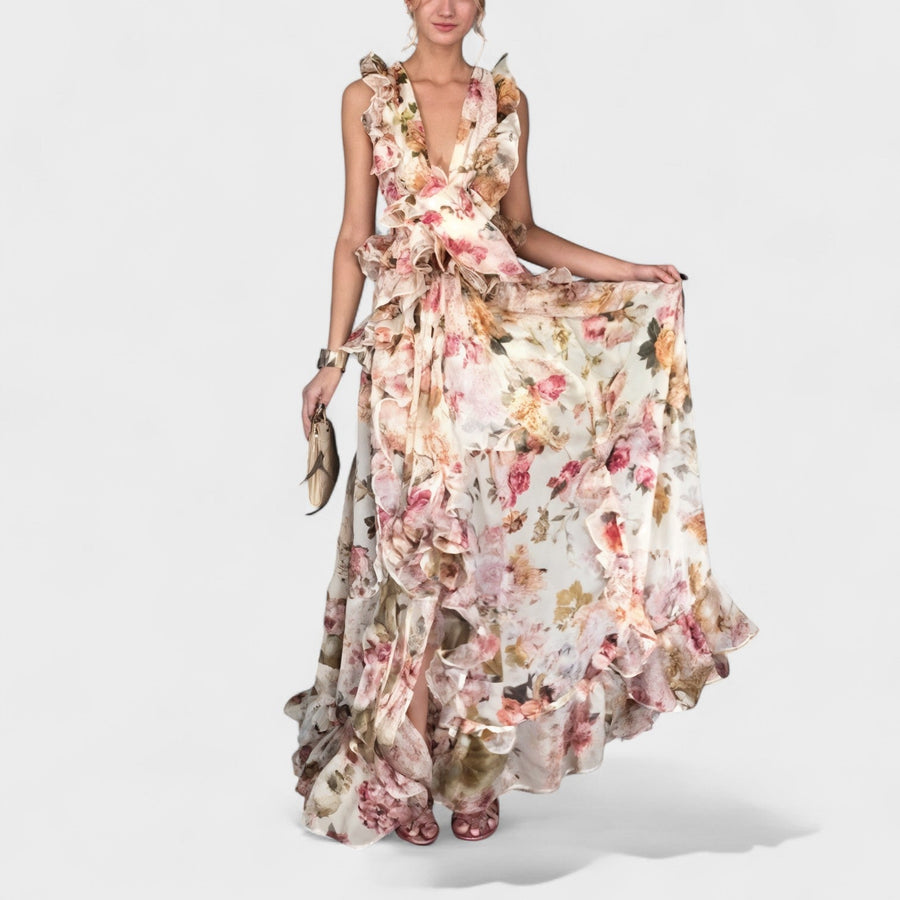 Ribeira de Pena – Vestido Maxi Floral com Folhos