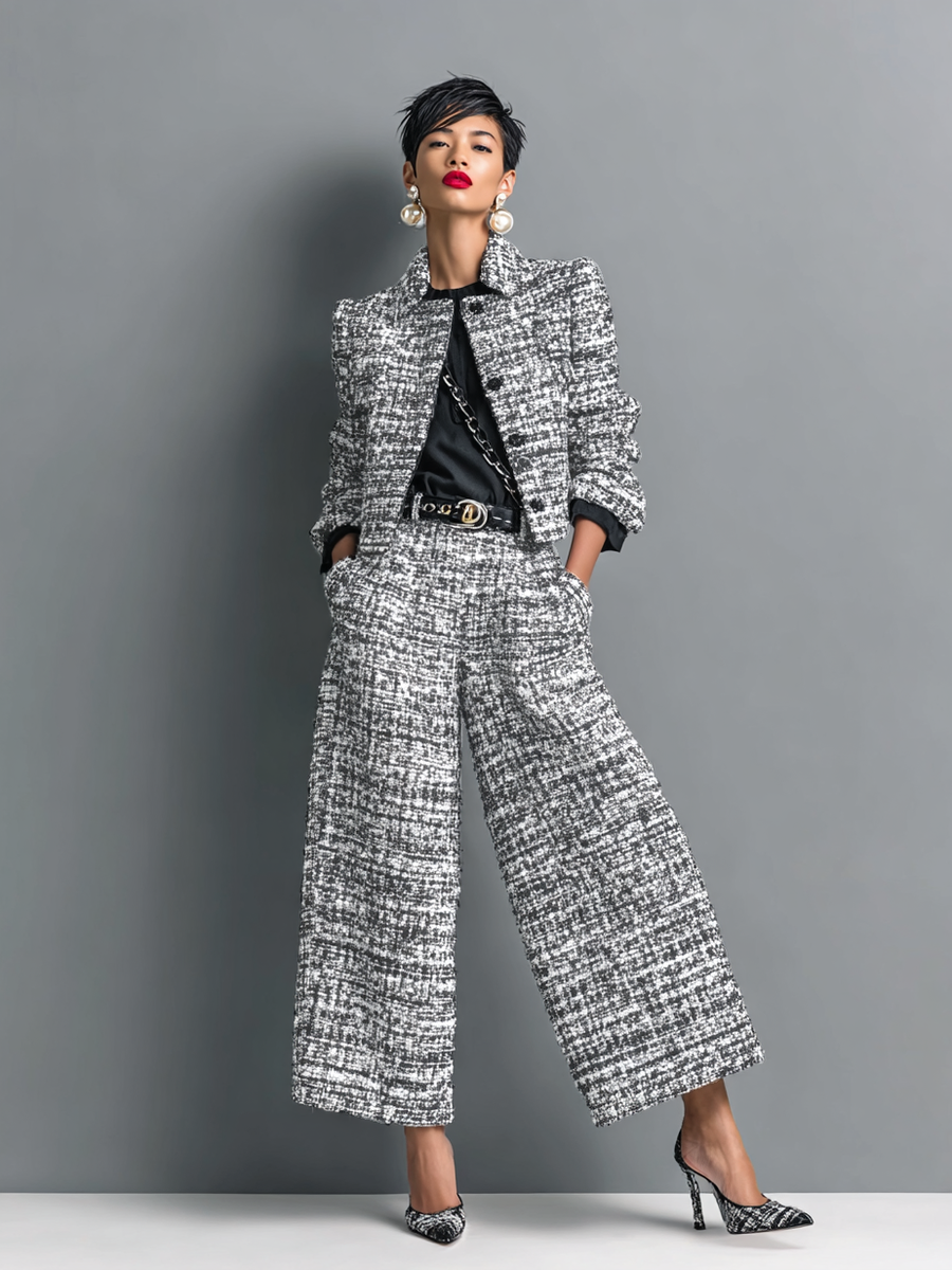 Antime – Conjunto de Casaco Cropped e Calças em Tweed