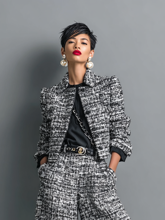 Antime – Conjunto de Casaco Cropped e Calças em Tweed