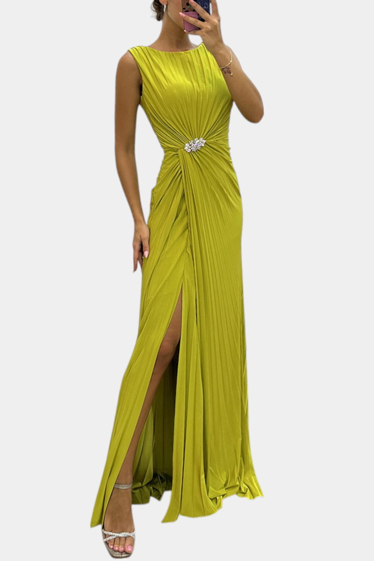Moimenta – Vestido Maxi Plissado com Racha
