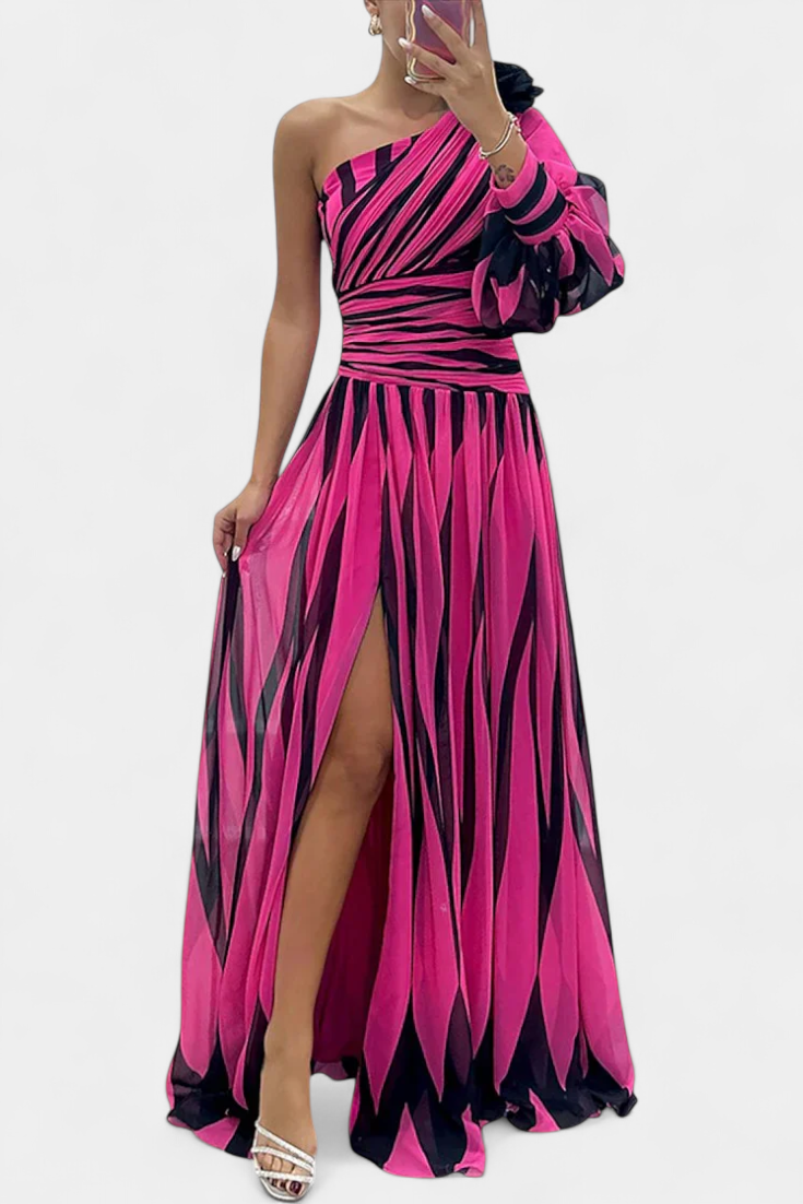 Carregal do Sal – Vestido Maxi de Um Ombro às Riscas