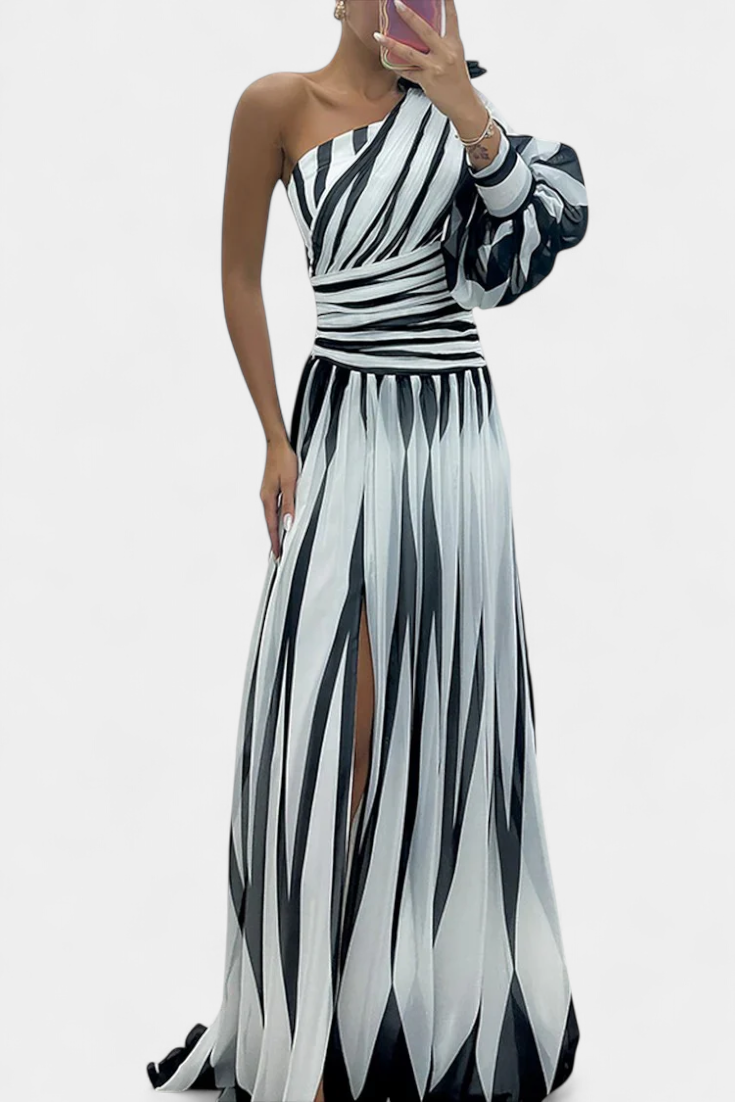 Carregal do Sal – Vestido Maxi de Um Ombro às Riscas