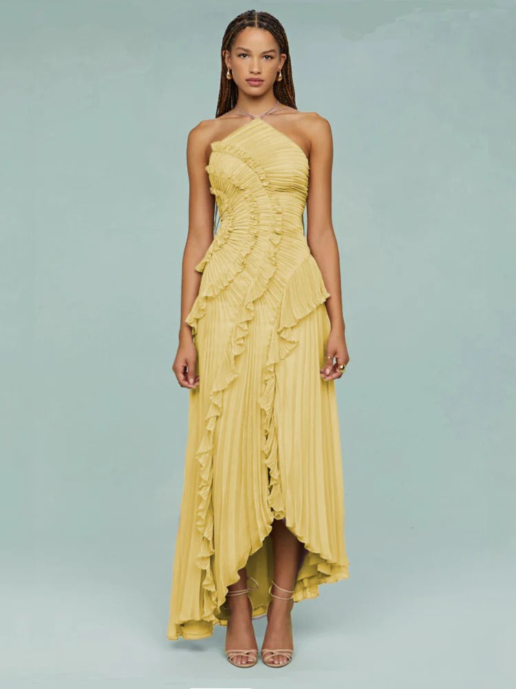 Cicouro – Vestido Longo com Babados e Costas Abertas