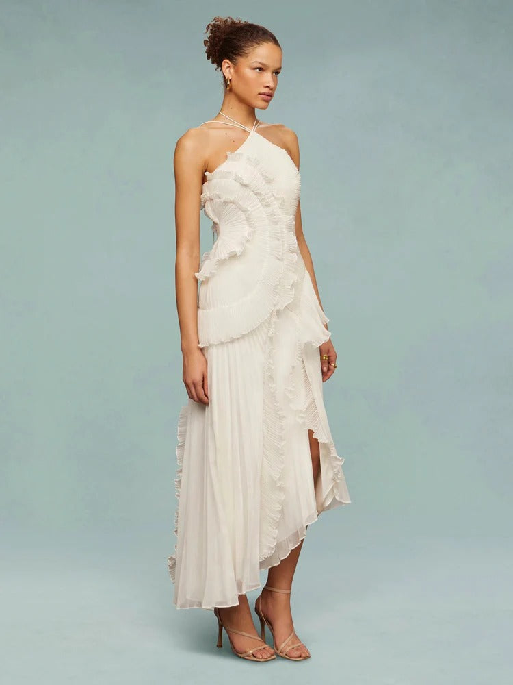 Cicouro – Vestido Longo com Babados e Costas Abertas