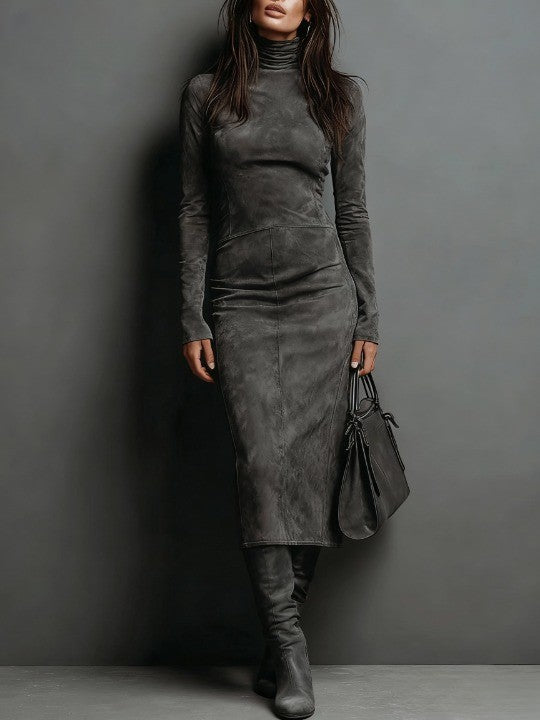 Aigra Nova – Vestido Midi de Camurça com Gola Alta
