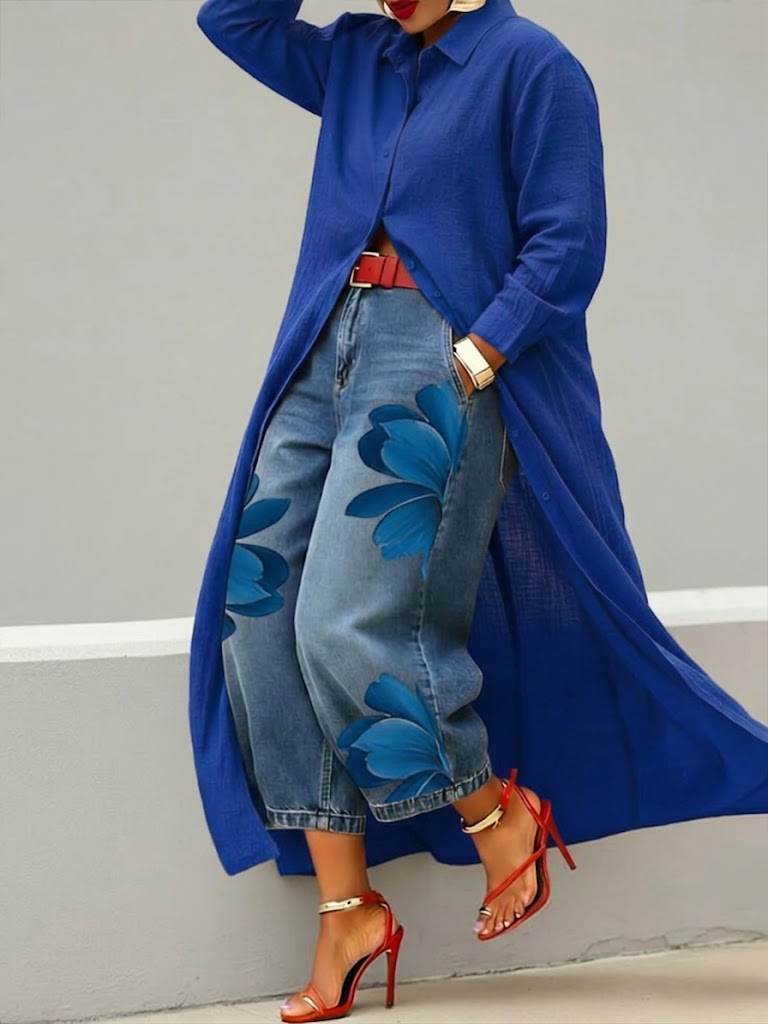 Amieira do Tejo – Conjunto de Vestido Camiseiro e Calças de Ganga