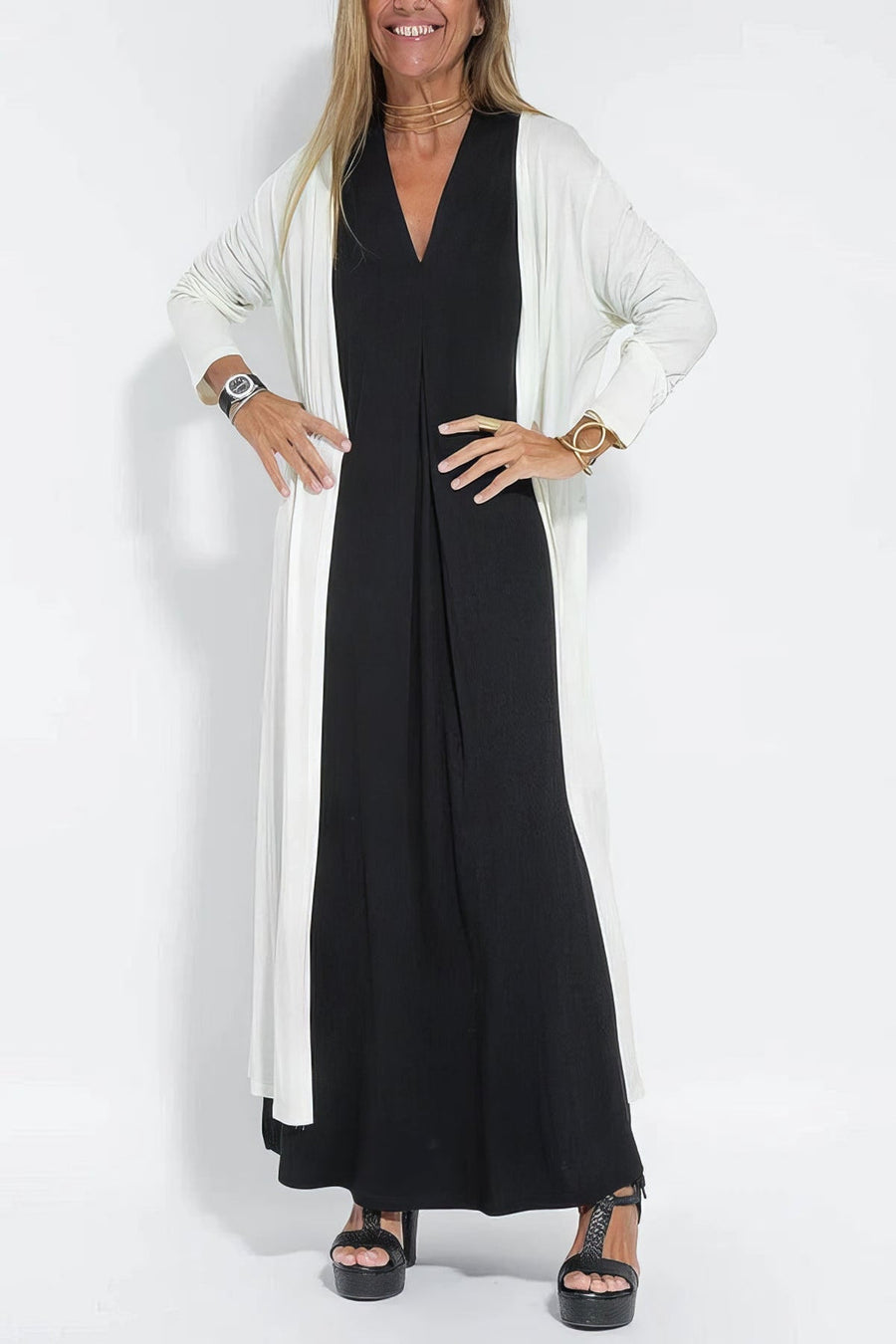 Quadrazais – Conjunto de Vestido Longo e Cardigã