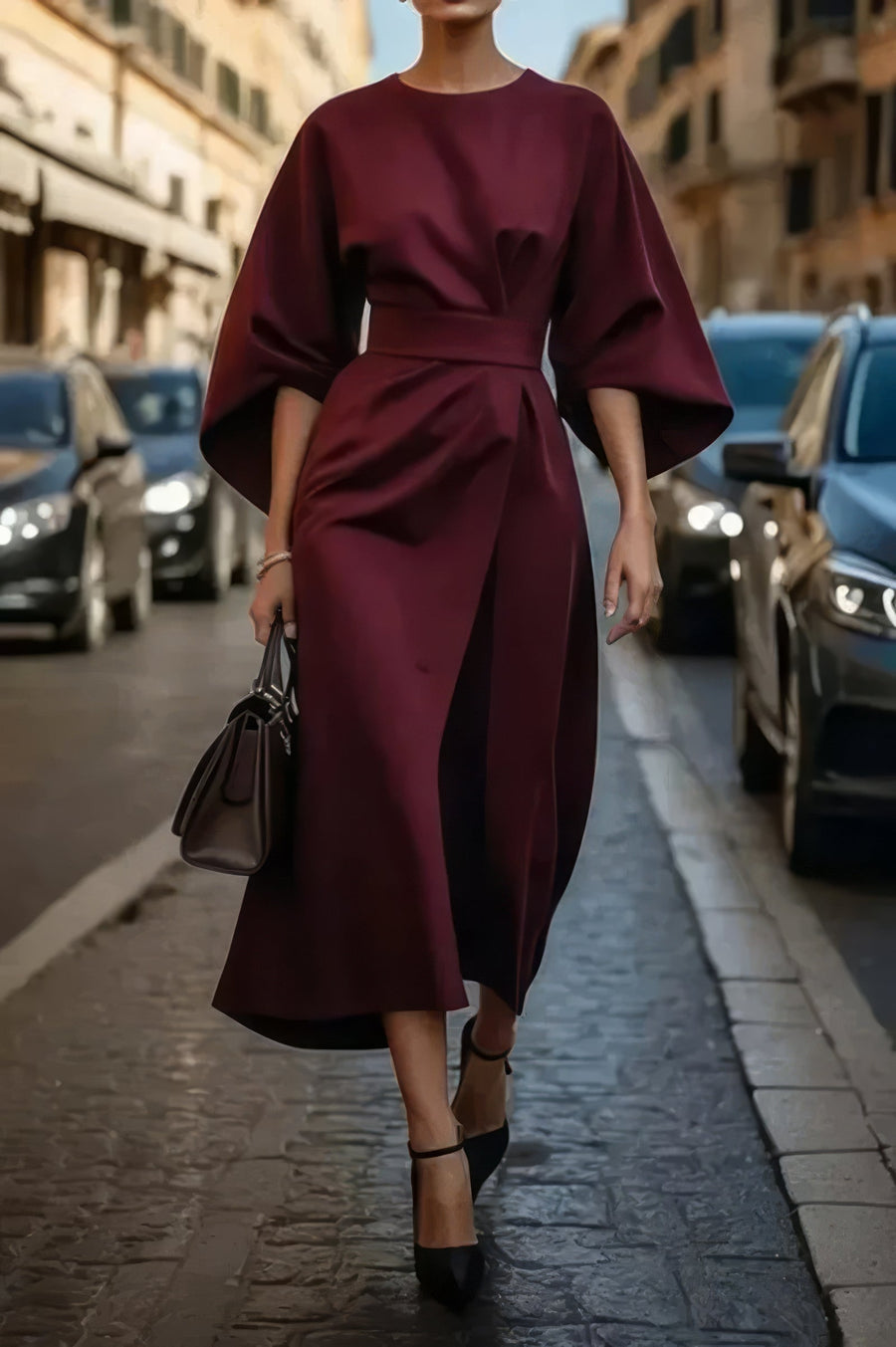 Ferreiros – Vestido com Mangas de Lanterna e Cinto