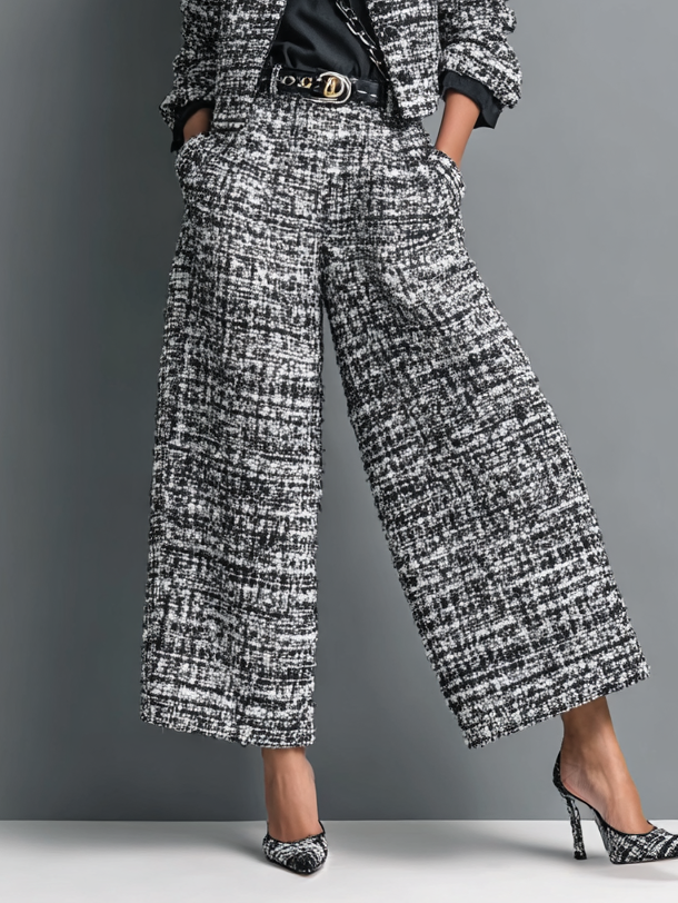 Antime – Conjunto de Casaco Cropped e Calças em Tweed