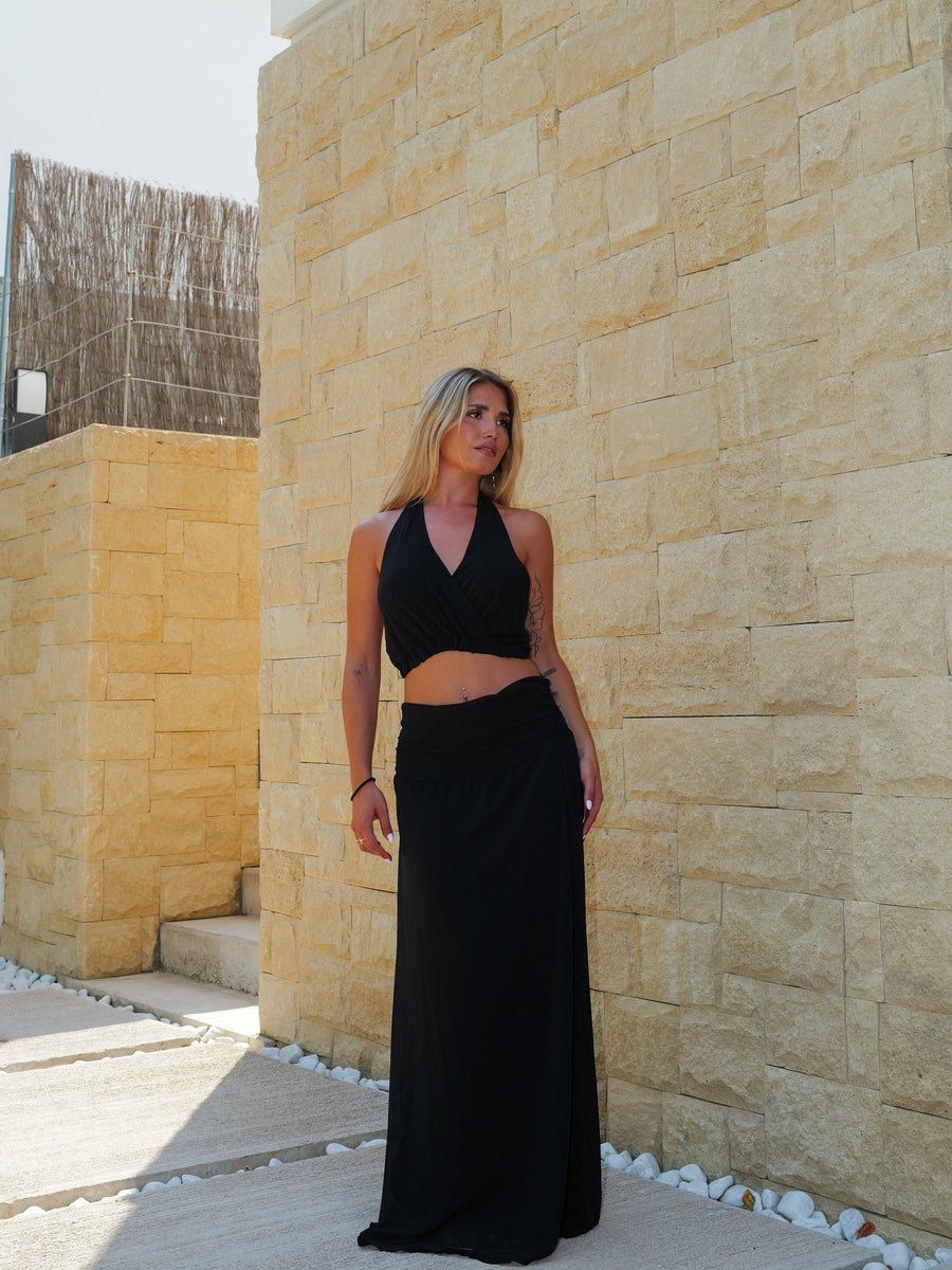 Conjunto de saia com decote halter preto