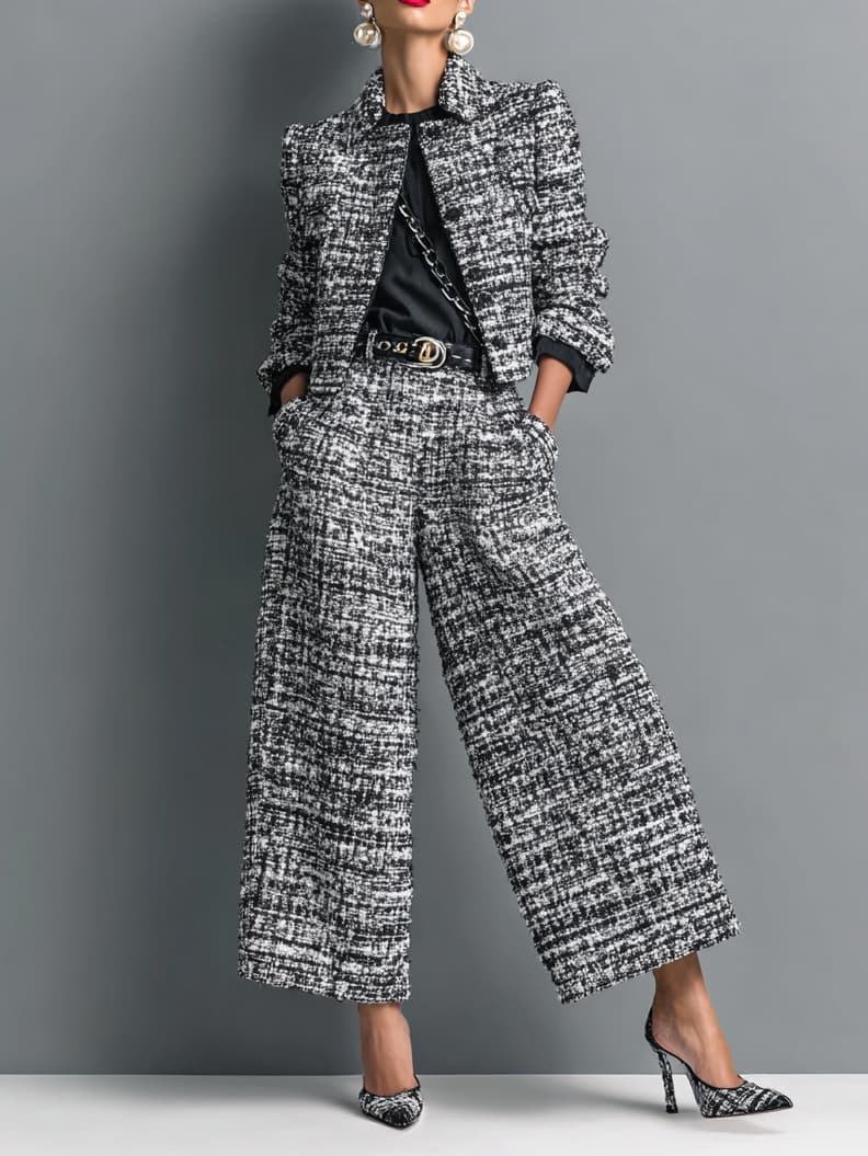 Antime – Conjunto de Casaco Cropped e Calças em Tweed