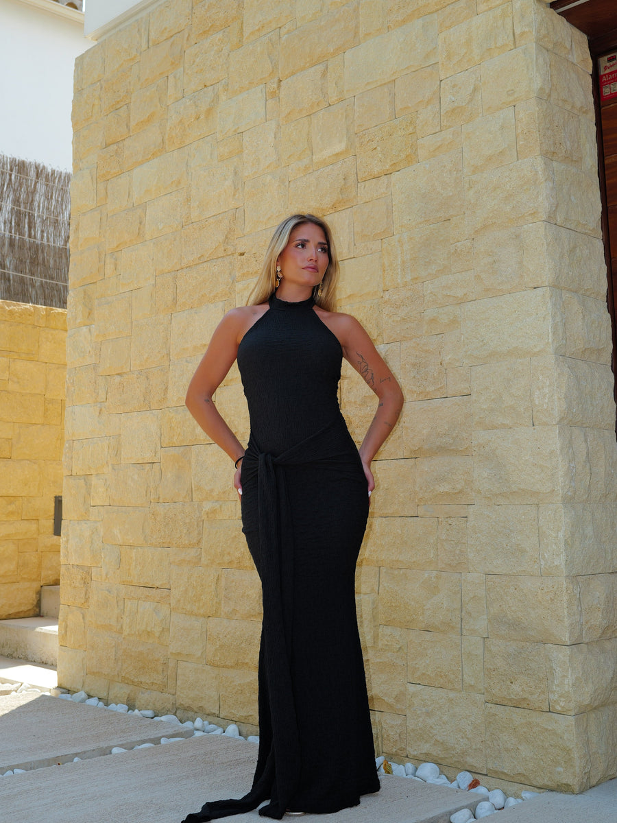Vestido halter com textura de nó, preto