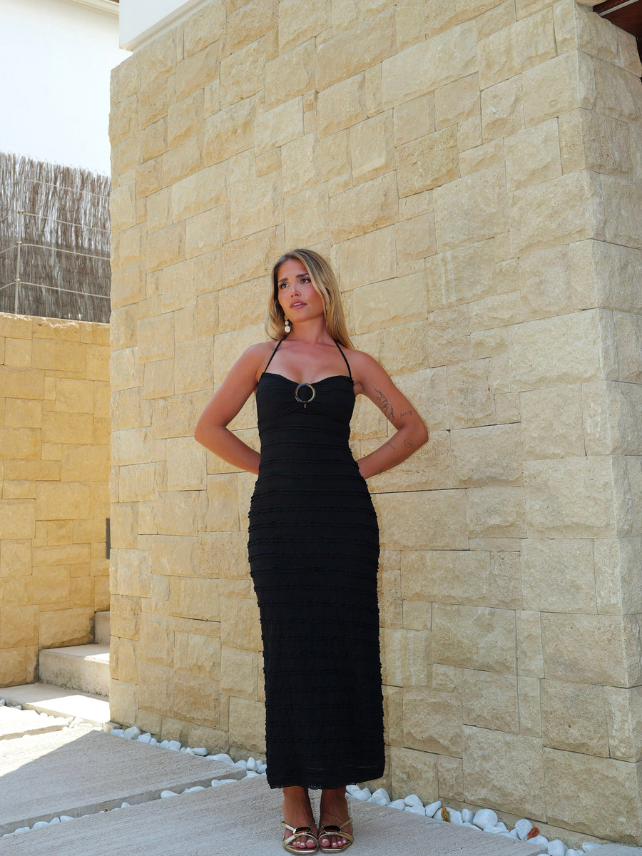 Vestido midi com folhos e renda preta