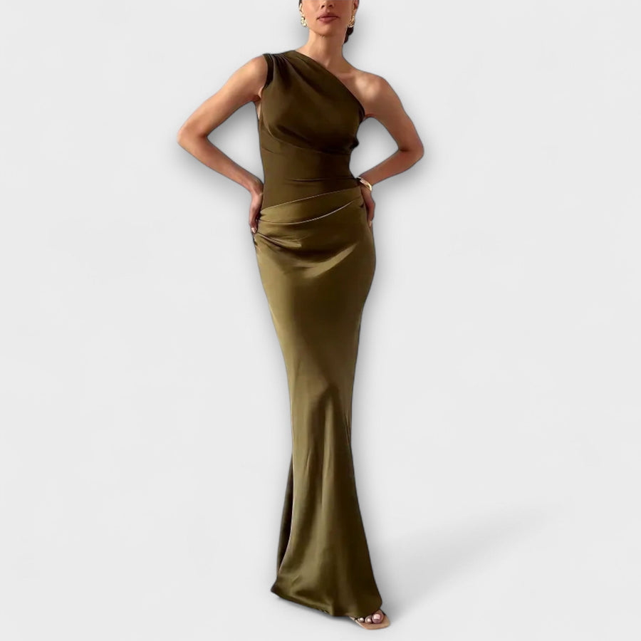 Alpedrinha – Vestido Longo de Um Ombro com Pregas
