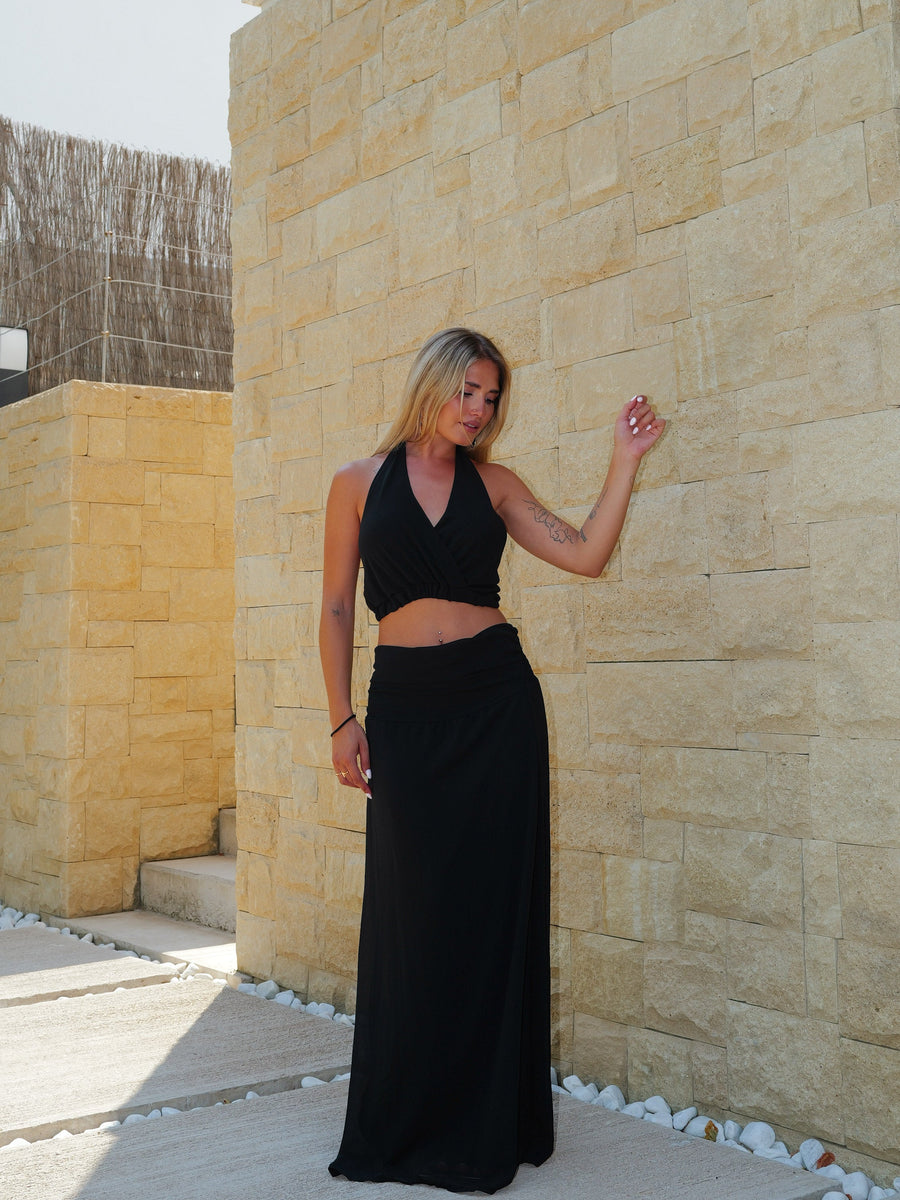 Conjunto de saia com decote halter preto