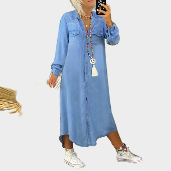 Águeda – Vestido Camiseiro de Ganga Longo