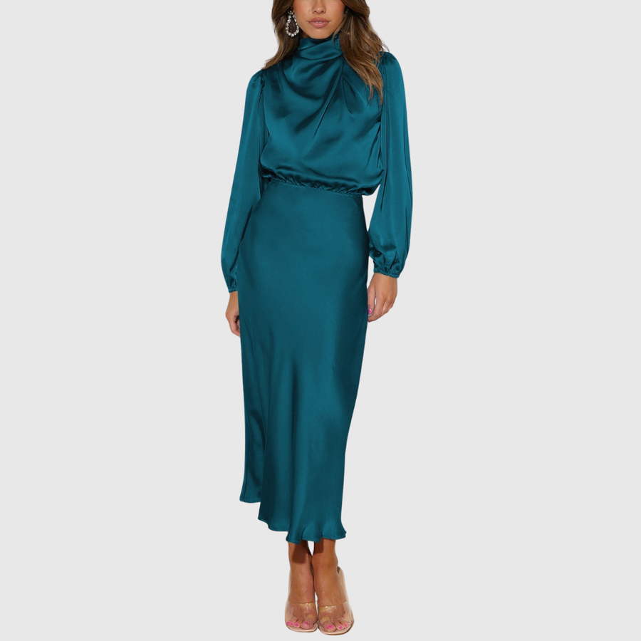 Espírito Santo – Vestido Longo de Cetim com Mangas Bispo