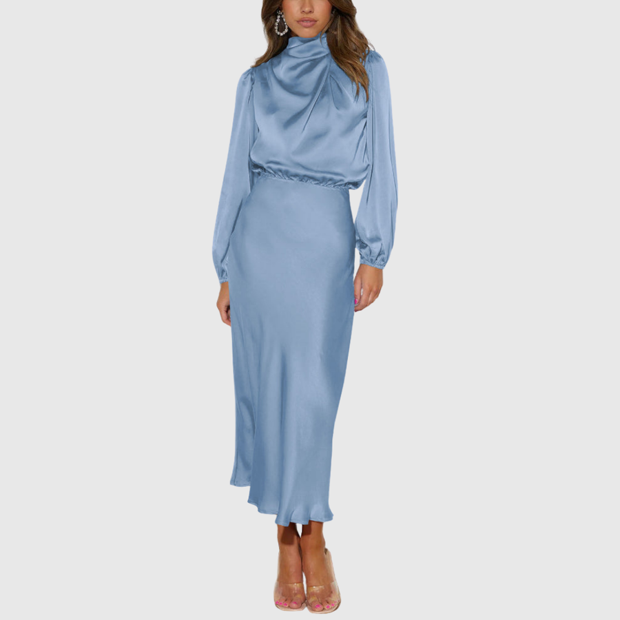 Espírito Santo – Vestido Longo de Cetim com Mangas Bispo