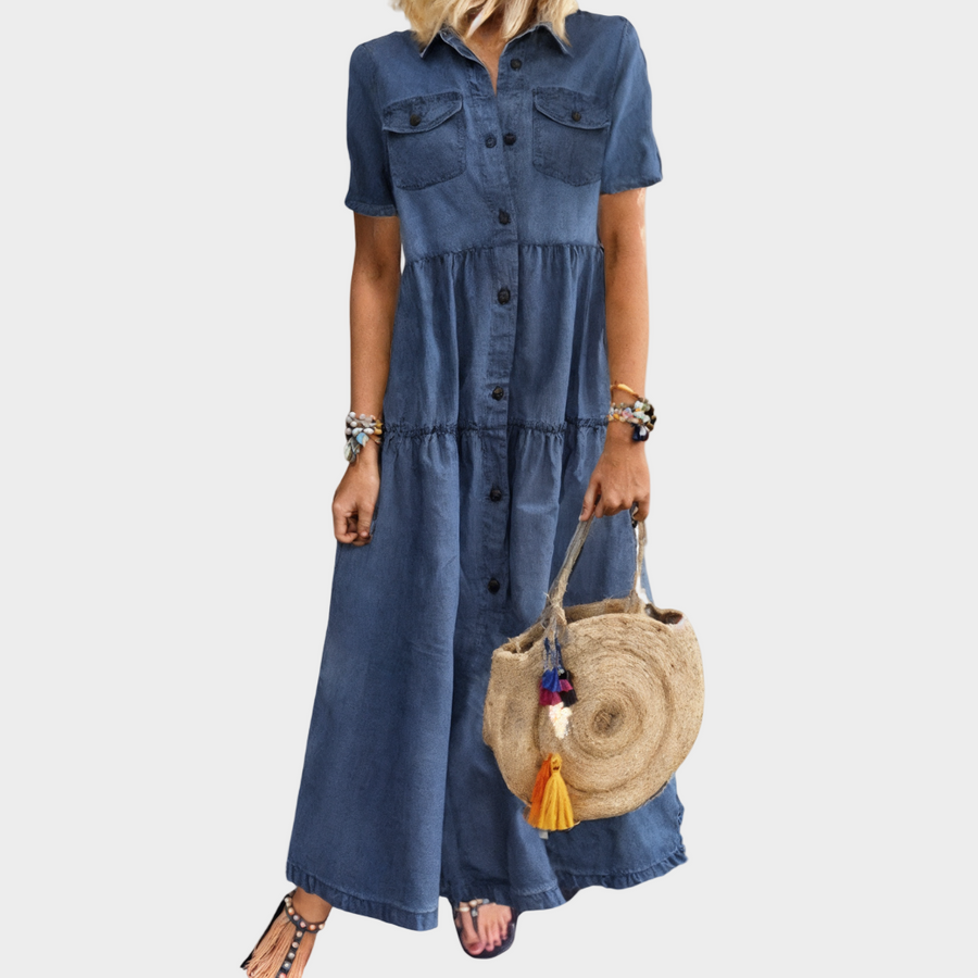 Vagos – Vestido Longo de Ganga com Botões